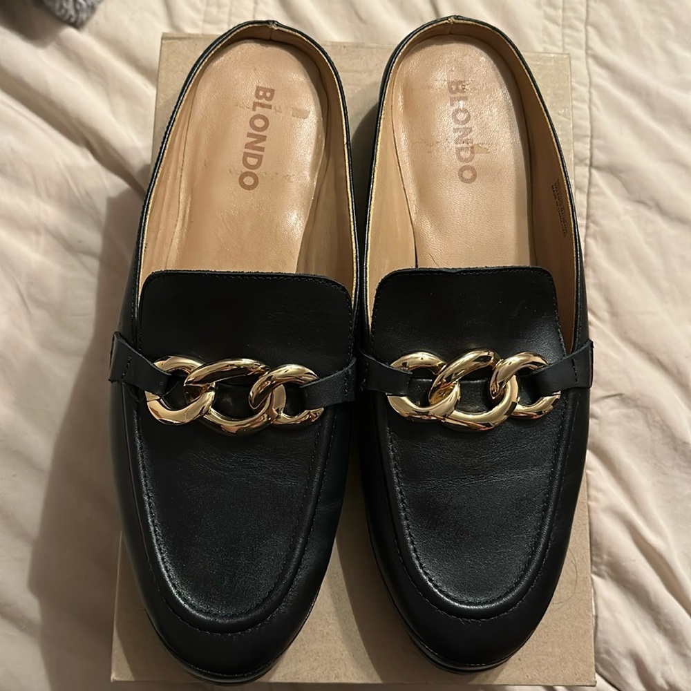 Blondo Bryce Mule Slip On Flat Loafer Water Resistant black/gold Leather Size 10